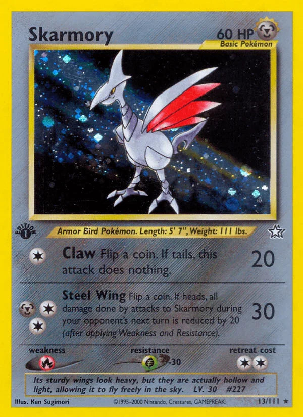 13, 1st Edition Holofoil, Fire[×2], Grass[-30], Holo Rare, Metal, Neo Genesis 1st Edition Skarmory (13/111) [Neo Genesis 1st Edition] - Trading Card World