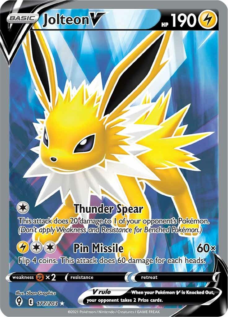 177, Fighting [x2], Holofoil, Lightning, Sword & Shield: Evolving Skies, Ultra Rare Jolteon V (177/203) [Sword & Shield: Evolving Skies] - Trading Card World