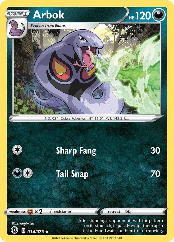 034, Darkness, Fighting[×2], Normal, Reverse Holofoil, Sword & Shield: Champion's Path, Uncommon Arbok (034/073) [Sword & Shield: Champion's Path] - Trading Card World