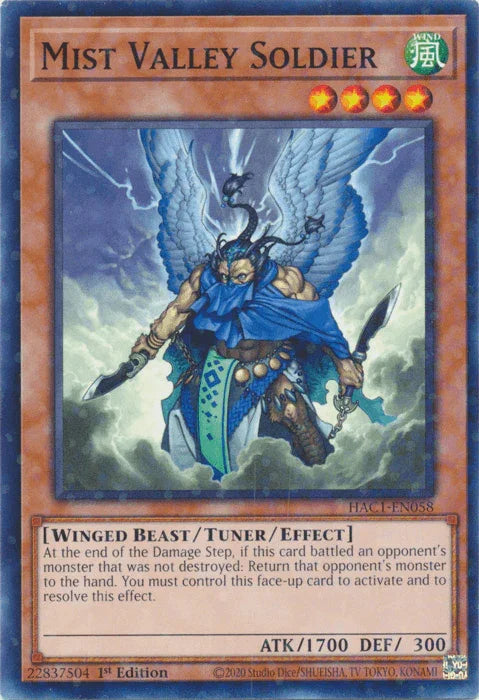 1st Edition, Common, Hidden Arsenal: Chapter 1, Tuner/Effect Monster, Wind, Winged Beast Mist Valley Soldier (Duel Terminal) [HAC1-EN058] Common - Trading Card World