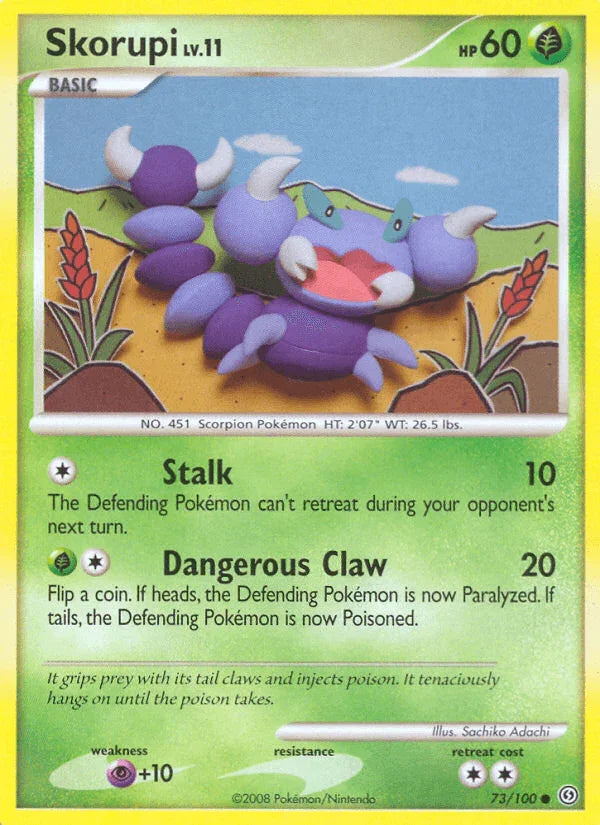73, Common, Diamond & Pearl: Stormfront, Grass, Normal, Psychic[+10], Reverse Holofoil Skorupi (73/100) [Diamond & Pearl: Stormfront] - Trading Card World