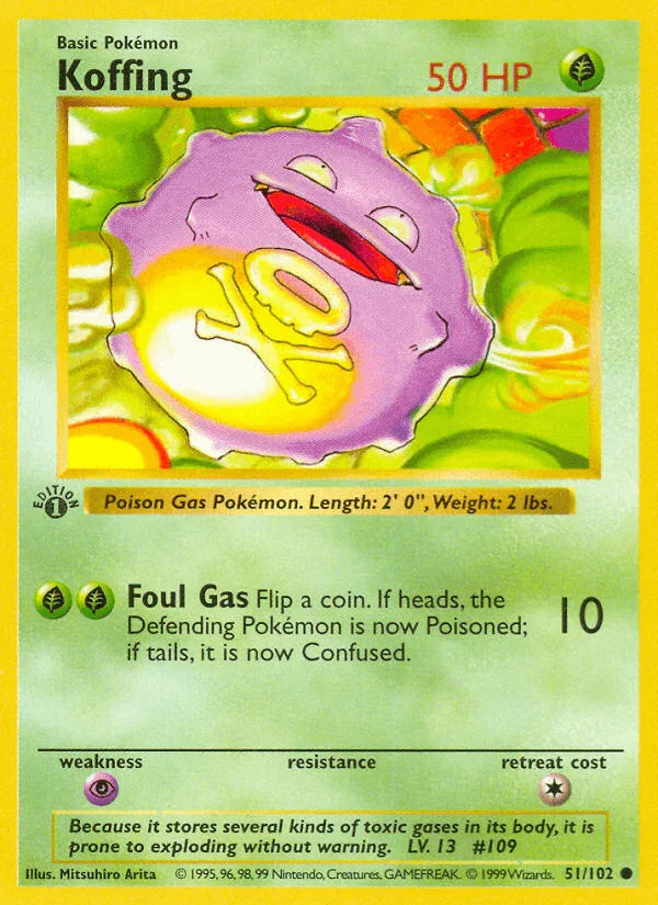 1st Edition Normal, 51, Base Set 1st Edition, Common, Grass, Psychic[×2] Koffing (51/102) (Shadowless) [Base Set 1st Edition] - Trading Card World