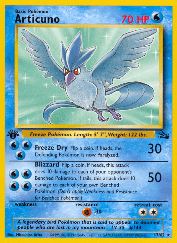 17, 1st Edition Normal, Fighting[-30], Fossil 1st Edition, Rare, Water Articuno (17/62) [Fossil 1st Edition] - Trading Card World
