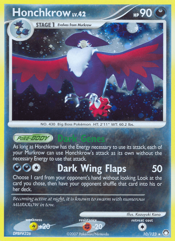 10, Darkness, Diamond & Pearl: Mysterious Treasures, Fighting[-20], Holo Rare, Holofoil, Lightning[+20], Reverse Holofoil Honchkrow (10/123) [Diamond & Pearl: Mysterious Treasures] - Trading Card World