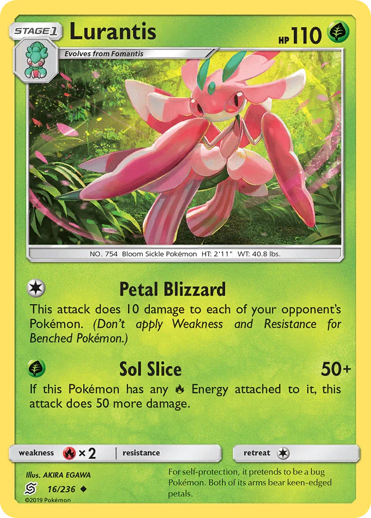16, Fire[×2], Grass, Normal, Reverse Holofoil, Sun & Moon: Unified Minds, Uncommon Lurantis (16/236) [Sun & Moon: Unified Minds] - Trading Card World