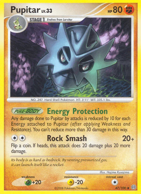 47, Diamond & Pearl: Stormfront, Fighting, Grass[+20], Lightning[-20], Normal, Reverse Holofoil, Uncommon Pupitar (47/100) [Diamond & Pearl: Stormfront] - Trading Card World