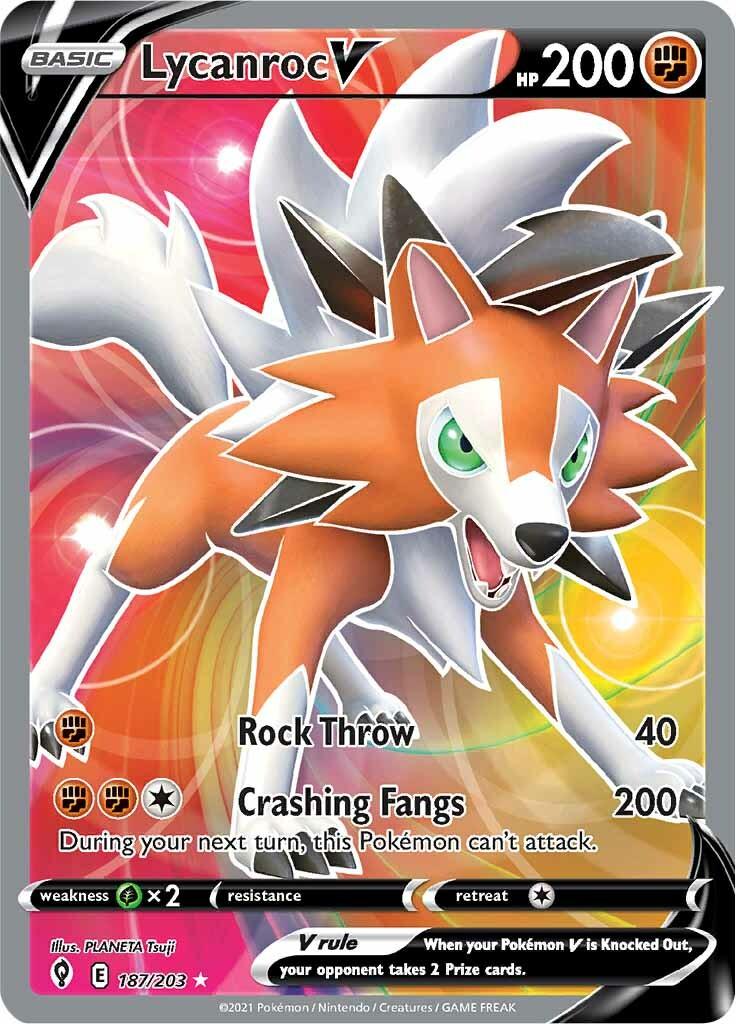 187, Fighting, Grass [x2], Holofoil, Sword & Shield: Evolving Skies, Ultra Rare Lycanroc V (187/203) [Sword & Shield: Evolving Skies] - Trading Card World