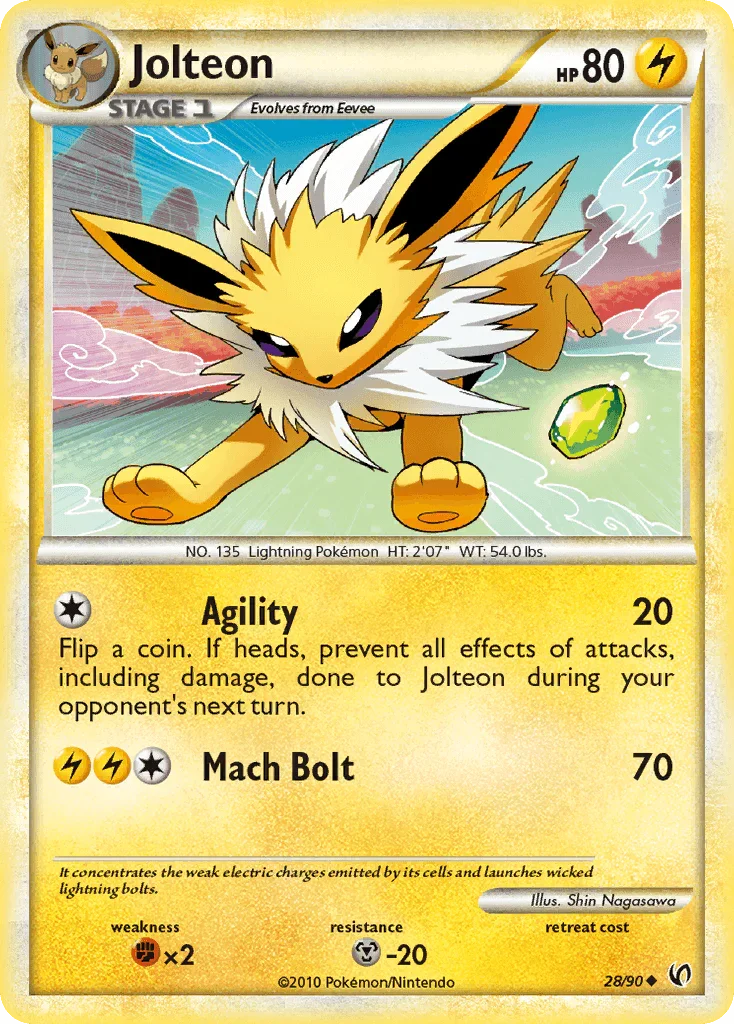 28, Fighting[×2], HeartGold & SoulSilver: Undaunted, Lightning, Metal[-20], Normal, Reverse Holofoil, Uncommon Jolteon (28/90) [HeartGold & SoulSilver: Undaunted] - Trading Card World