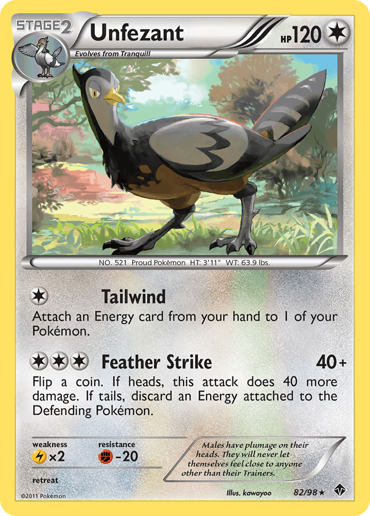 82, Black & White: Emerging Powers, Colorless, Fighting[-20], Lightning[×2], Normal, Rare, Reverse Holofoil Unfezant (82/98) [Black & White: Emerging Powers] - Trading Card World