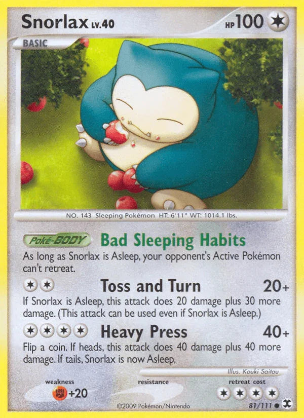 81, Colorless, Common, Fighting[+20], Normal, Platinum: Rising Rivals, Reverse Holofoil Snorlax (81/111) [Platinum: Rising Rivals] - Trading Card World