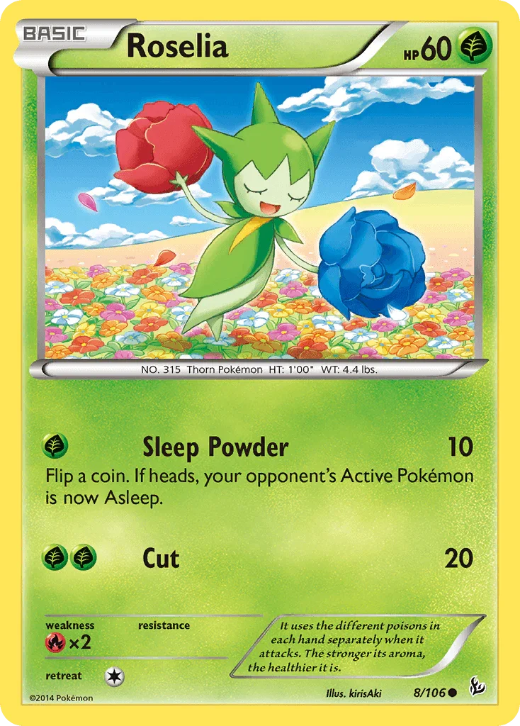 Common, Fire[×2], Grass, Normal, Reverse Holofoil, XY: Flashfire Roselia (8/106) [XY: Flashfire] - Trading Card World