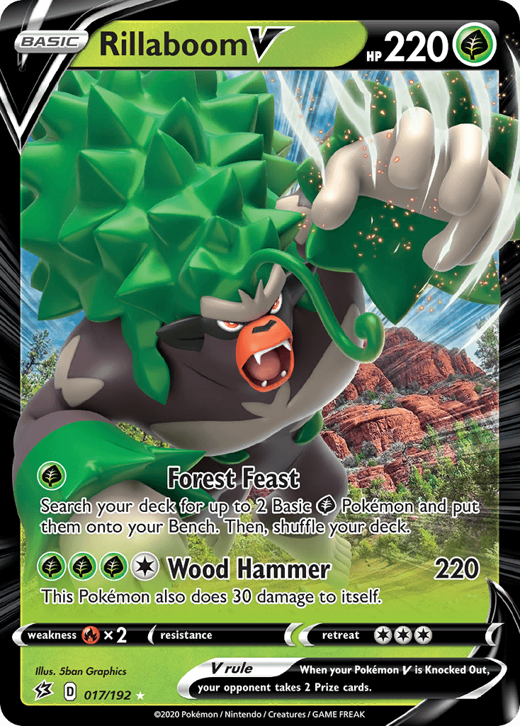 017, Fire[×2], Grass, Holofoil, Sword & Shield: Rebel Clash, Ultra Rare Rillaboom V (017/192) [Sword & Shield: Rebel Clash] - Trading Card World