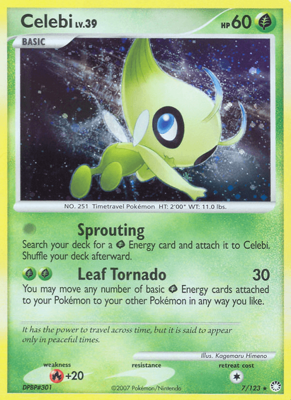 Diamond & Pearl: Mysterious Treasures, Fire[+20], Grass, Holo Rare, Holofoil, Reverse Holofoil Celebi (7/123) [Diamond & Pearl: Mysterious Treasures] - Trading Card World