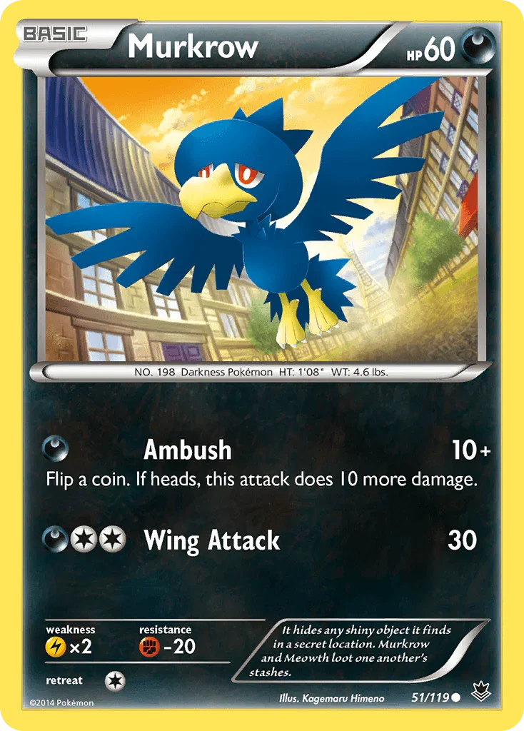 51, Common, Darkness, Fighting[-20], Lightning[×2], Normal, Reverse Holofoil, XY: Phantom Forces Murkrow (51/119) [XY: Phantom Forces] - Trading Card World