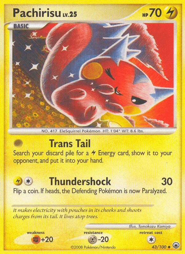 43, Diamond & Pearl: Majestic Dawn, Fighting[+20], Lightning, Metal[-20], Normal, Reverse Holofoil, Uncommon Pachirisu (43/100) [Diamond & Pearl: Majestic Dawn] - Trading Card World