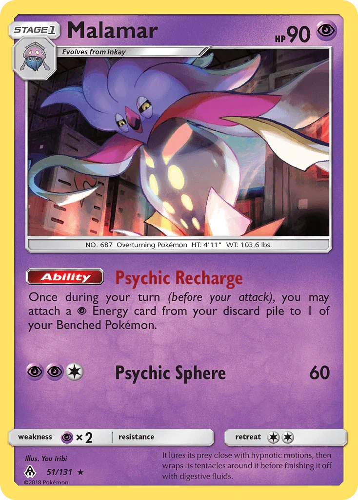 51, Normal, Psychic, Psychic[×2], Rare, Reverse Holofoil, Sun & Moon: Forbidden Light Malamar (51/131) [Sun & Moon: Forbidden Light] - Trading Card World