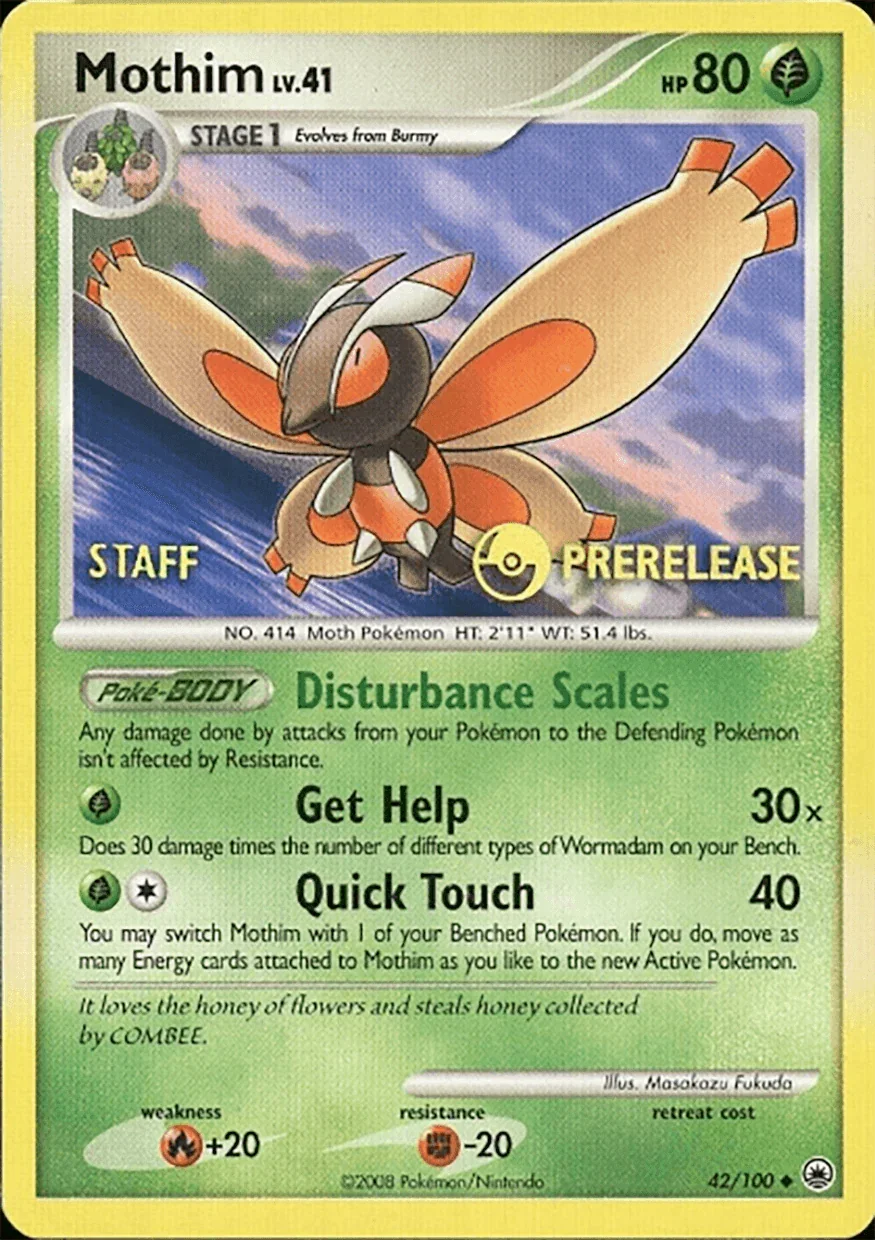 42, Diamond & Pearl: Majestic Dawn, Fighting [-20], Fire [x2], Grass, Normal, Promo Mothim (42/100) (Staff Prerelease Promo) [Diamond & Pearl: Majestic Dawn] - Trading Card World