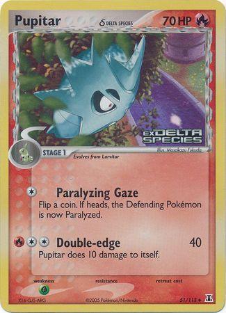 51, EX: Delta Species, Fire, Grass[×2], Reverse Holofoil, Uncommon Pupitar (51/113) (Delta Species) (Stamped) [EX: Delta Species] - Trading Card World