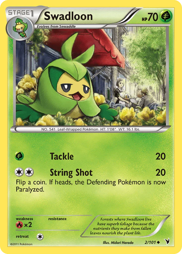 Black & White: Noble Victories, Fire[×2], Grass, Normal, Reverse Holofoil, Uncommon Swadloon (2/101) [Black & White: Noble Victories] - Trading Card World