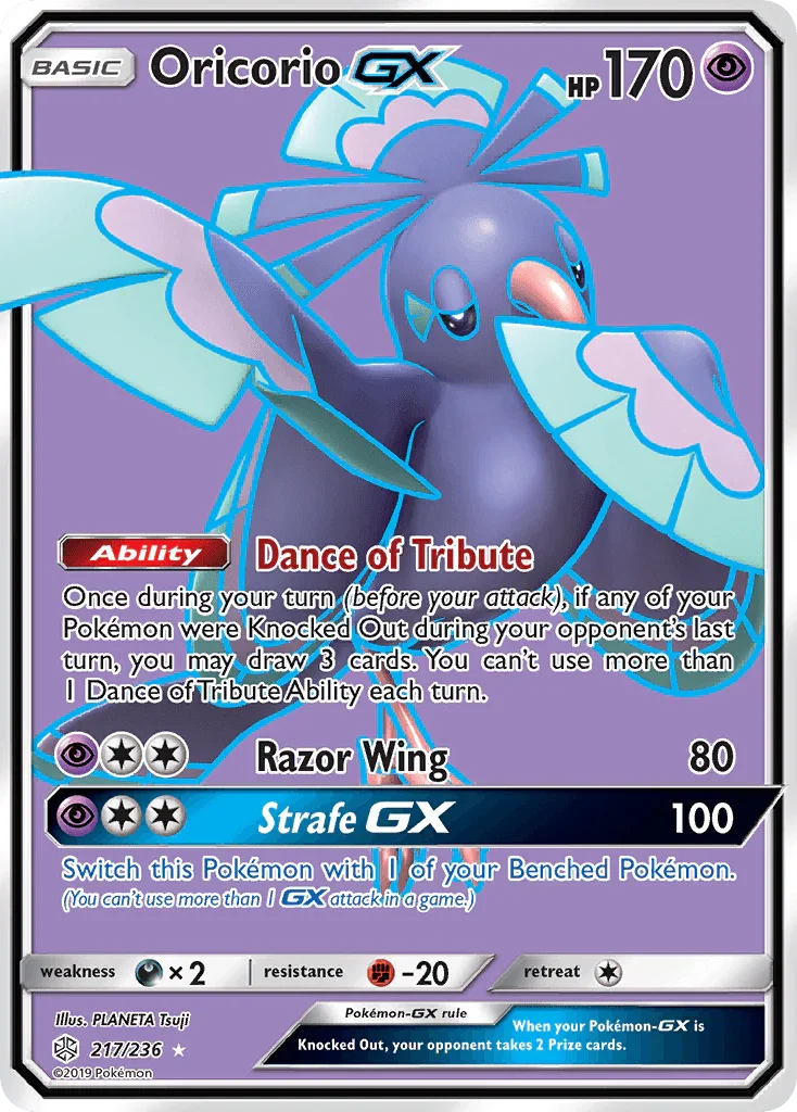 217, Darkness[×2], Fighting[-20], Holofoil, Psychic, Sun & Moon: Cosmic Eclipse, Ultra Rare Oricorio GX (217/236) [Sun & Moon: Cosmic Eclipse] - Trading Card World