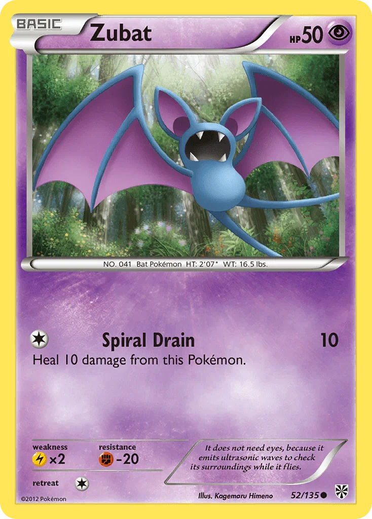 52, Black & White: Plasma Storm, Common, Fighting[-20], Lightning[×2], Normal, Psychic, Reverse Holofoil Zubat (52/135) [Black & White: Plasma Storm] - Trading Card World