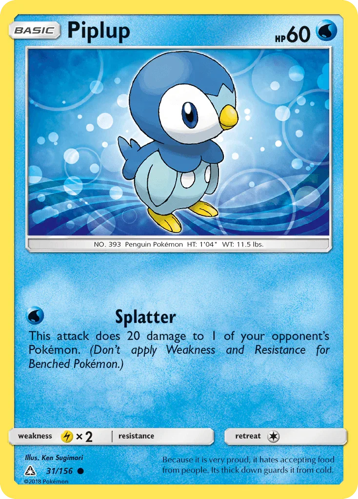 31, Common, Lightning[×2], Normal, Reverse Holofoil, Sun & Moon: Ultra Prism, Water Piplup (31/156) [Sun & Moon: Ultra Prism] - Trading Card World