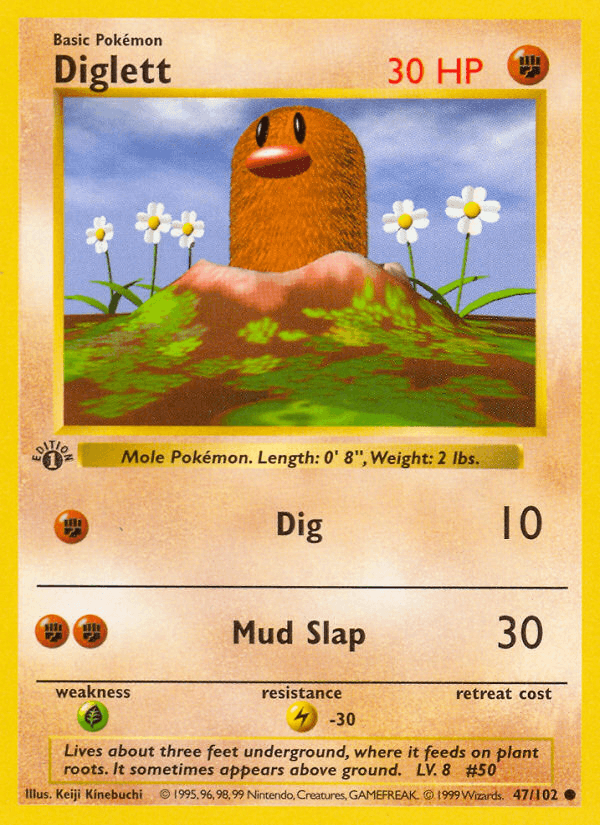 1st Edition Normal, 47, Base Set 1st Edition, Common, Fighting, Grass[×2], Lightning[-30] Diglett (47/102) (Shadowless) [Base Set 1st Edition] - Trading Card World