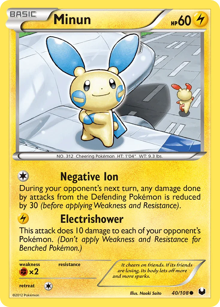40, Black & White: Dark Explorers, Common, Fighting[×2], Lightning, Normal, Reverse Holofoil Minun (40/108) [Black & White: Dark Explorers] - Trading Card World