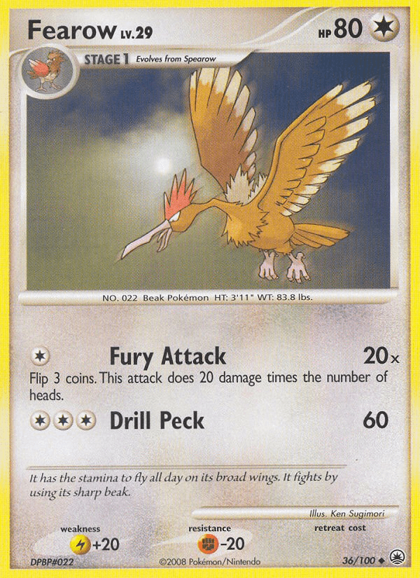 36, Colorless, Diamond & Pearl: Majestic Dawn, Fighting[-20], Lightning[+20], Normal, Reverse Holofoil, Uncommon Fearow (36/100) [Diamond & Pearl: Majestic Dawn] - Trading Card World