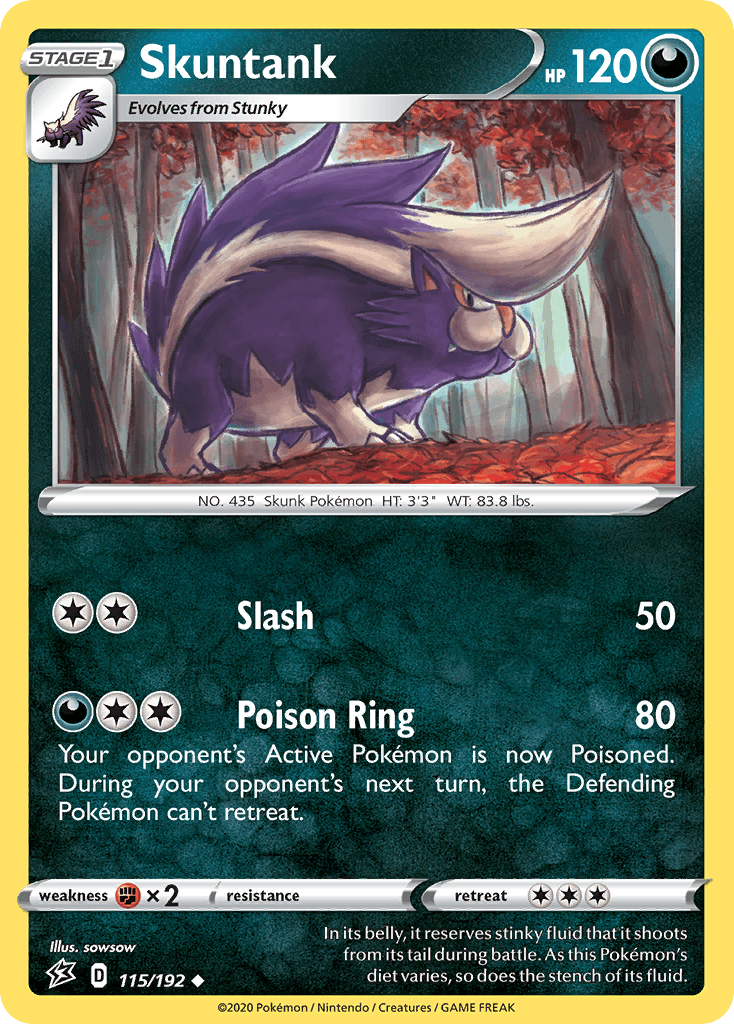 115, Darkness, Fighting[×2], Normal, Reverse Holofoil, Sword & Shield: Rebel Clash, Uncommon Skuntank (115/192) [Sword & Shield: Rebel Clash] - Trading Card World