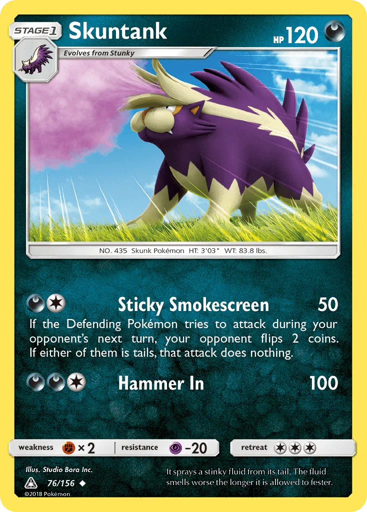 76, Darkness, Fighting[×2], Normal, Psychic[-20], Reverse Holofoil, Sun & Moon: Ultra Prism, Uncommon Skuntank (76/156) [Sun & Moon: Ultra Prism] - Trading Card World