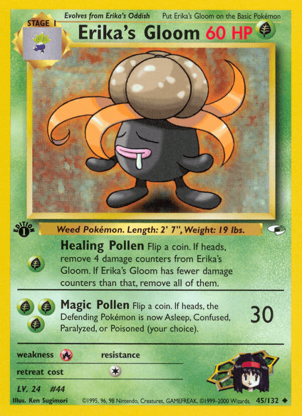 1st Edition Normal, 45, Fire[×2], Grass, Gym Heroes 1st Edition, Uncommon Erika's Gloom (45/132) [Gym Heroes 1st Edition] - Trading Card World