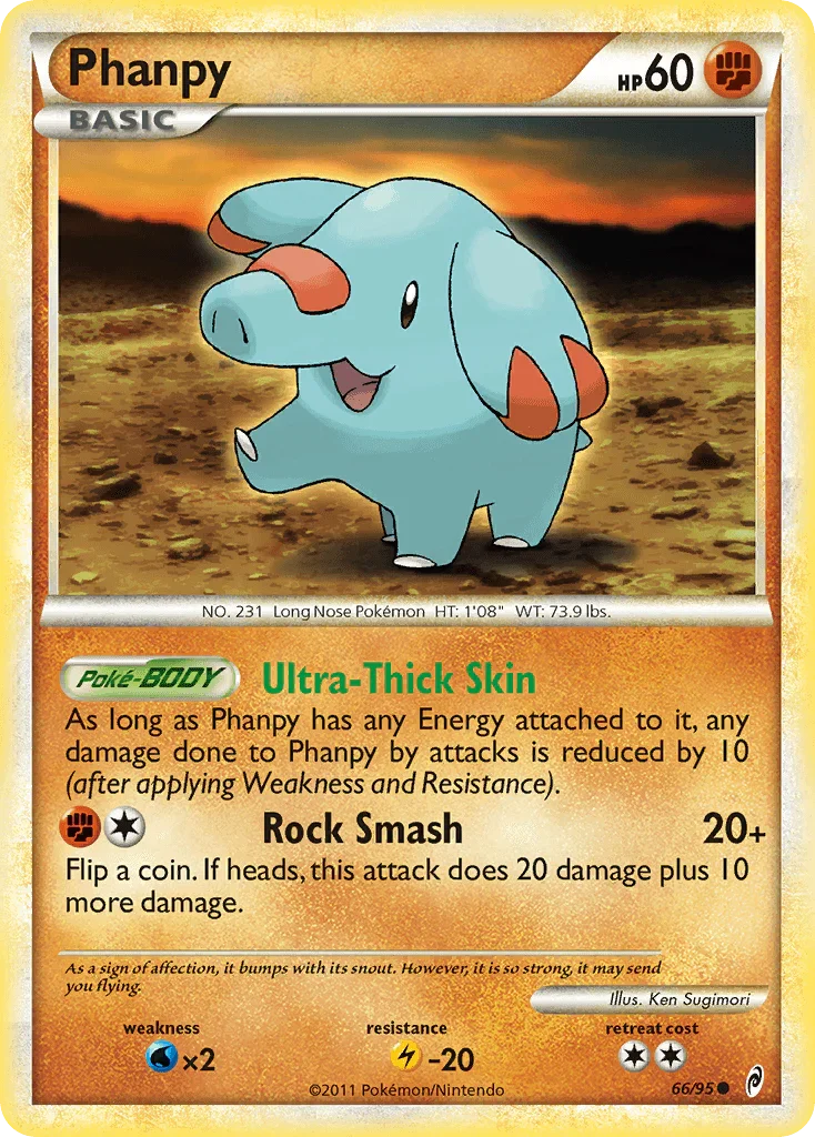 66, Common, Fighting, HeartGold & SoulSilver: Call of Legends, Lightning[-20], Normal, Reverse Holofoil, Water[×2] Phanpy (66/95) [HeartGold & SoulSilver: Call of Legends] - Trading Card World