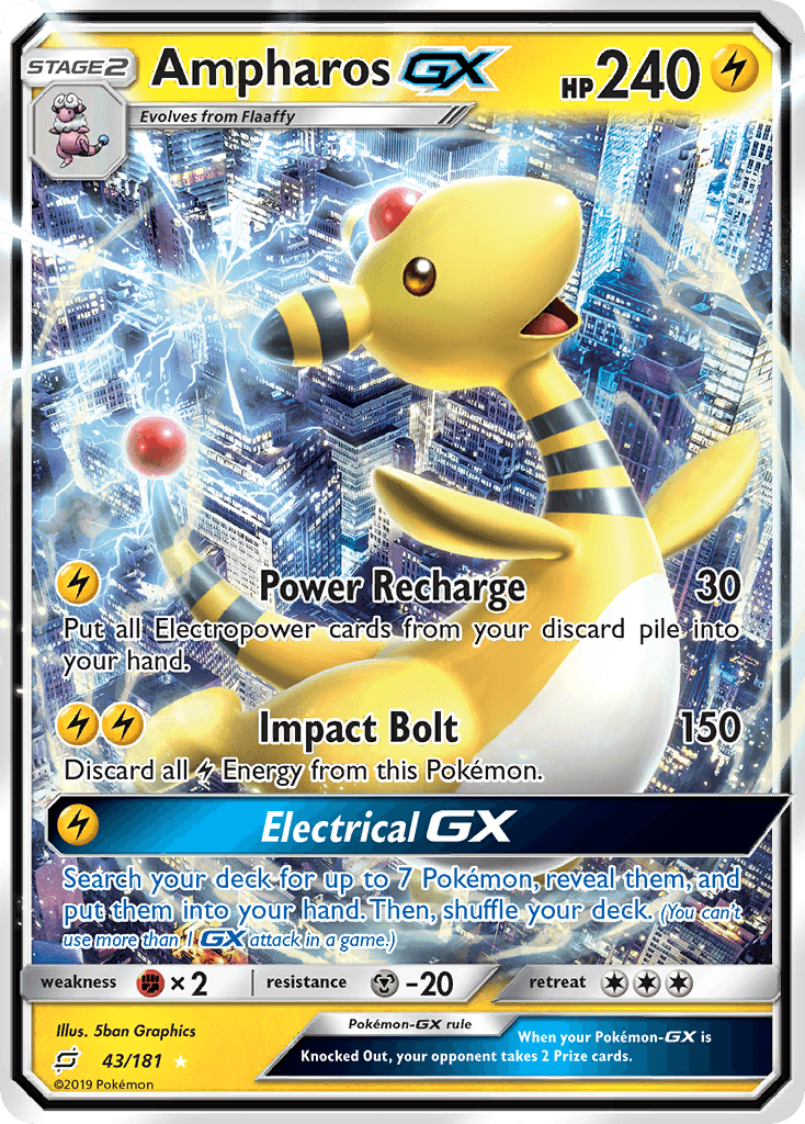 43, Fighting[×2], Holofoil, Lightning, Metal[-20], Sun & Moon: Team Up, Ultra Rare Ampharos GX (43/181) [Sun & Moon: Team Up] - Trading Card World