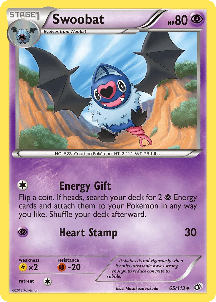 65, Black & White: Legendary Treasures, Fighting[-20], Lightning[×2], Normal, Psychic, Reverse Holofoil, Uncommon Swoobat (65/113) [Black & White: Legendary Treasures] - Trading Card World