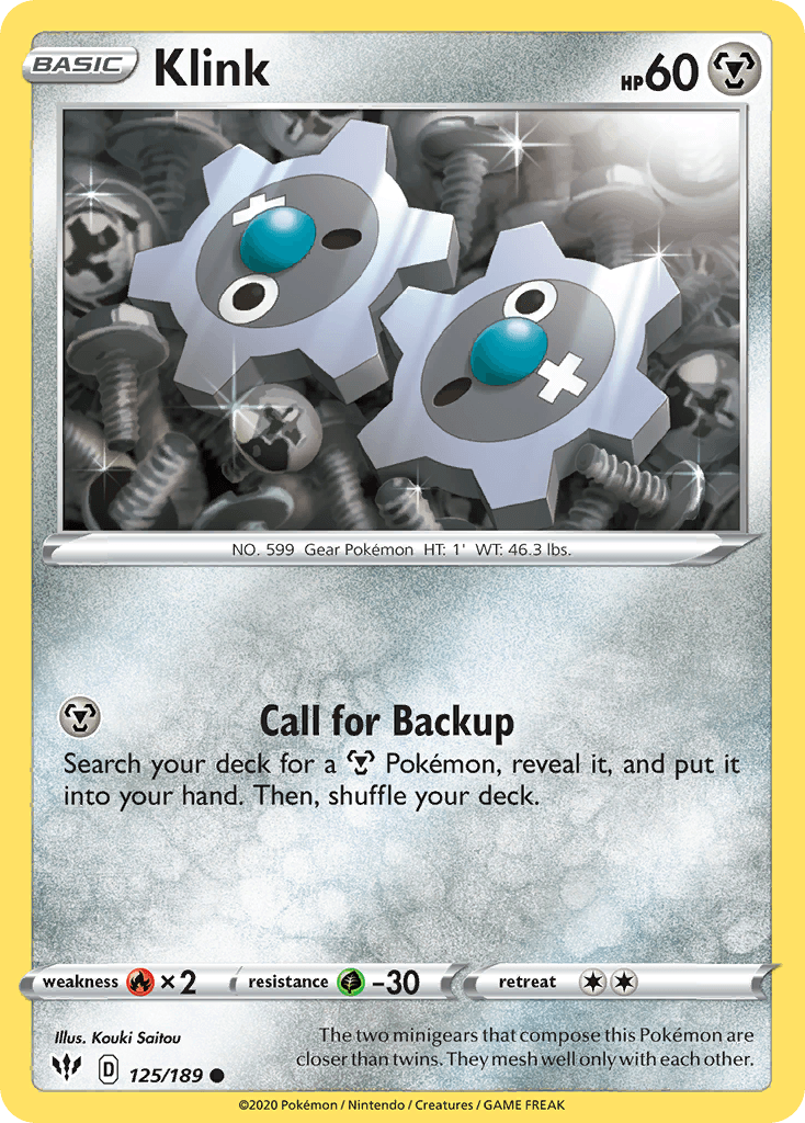 125, Common, Fire[×2], Grass[-30], Metal, Normal, Reverse Holofoil, Sword & Shield: Darkness Ablaze Klink (125/189) [Sword & Shield: Darkness Ablaze] - Trading Card World