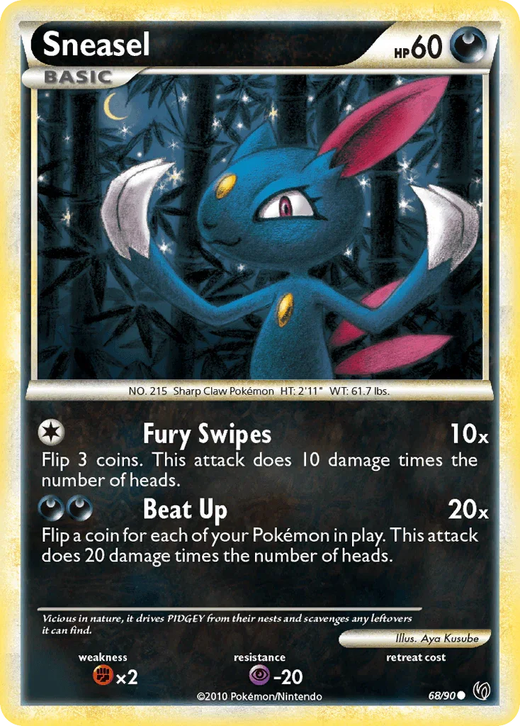 68, Common, Darkness, Fighting[×2], HeartGold & SoulSilver: Undaunted, Normal, Psychic[-20], Reverse Holofoil Sneasel (68/90) [HeartGold & SoulSilver: Undaunted] - Trading Card World