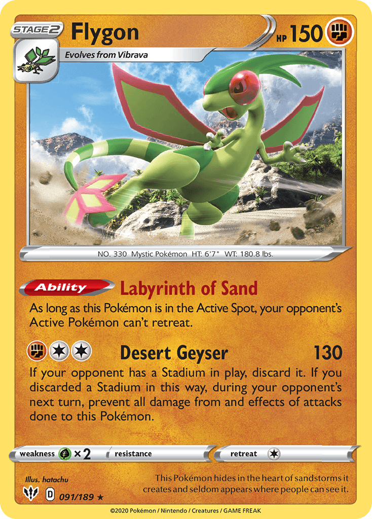 091, Fighting, Grass[×2], Normal, Rare, Reverse Holofoil, Sword & Shield: Darkness Ablaze Flygon (091/189) [Sword & Shield: Darkness Ablaze] - Trading Card World
