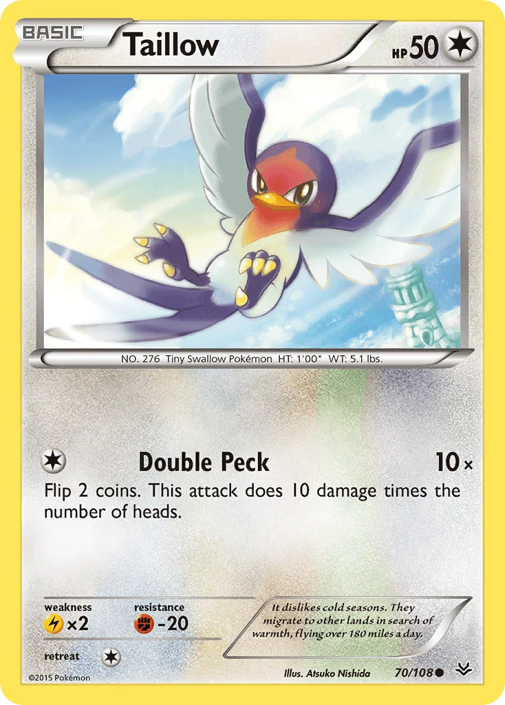 70, Colorless, Common, Fighting[-20], Lightning[×2], Normal, Reverse Holofoil, XY: Roaring Skies Taillow (70/108) [XY: Roaring Skies] - Trading Card World