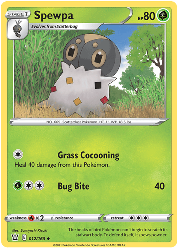 012, Fire[×2], Grass, Normal, Reverse Holofoil, Sword & Shield: Battle Styles, Uncommon Spewpa (012/163) [Sword & Shield: Battle Styles] - Trading Card World
