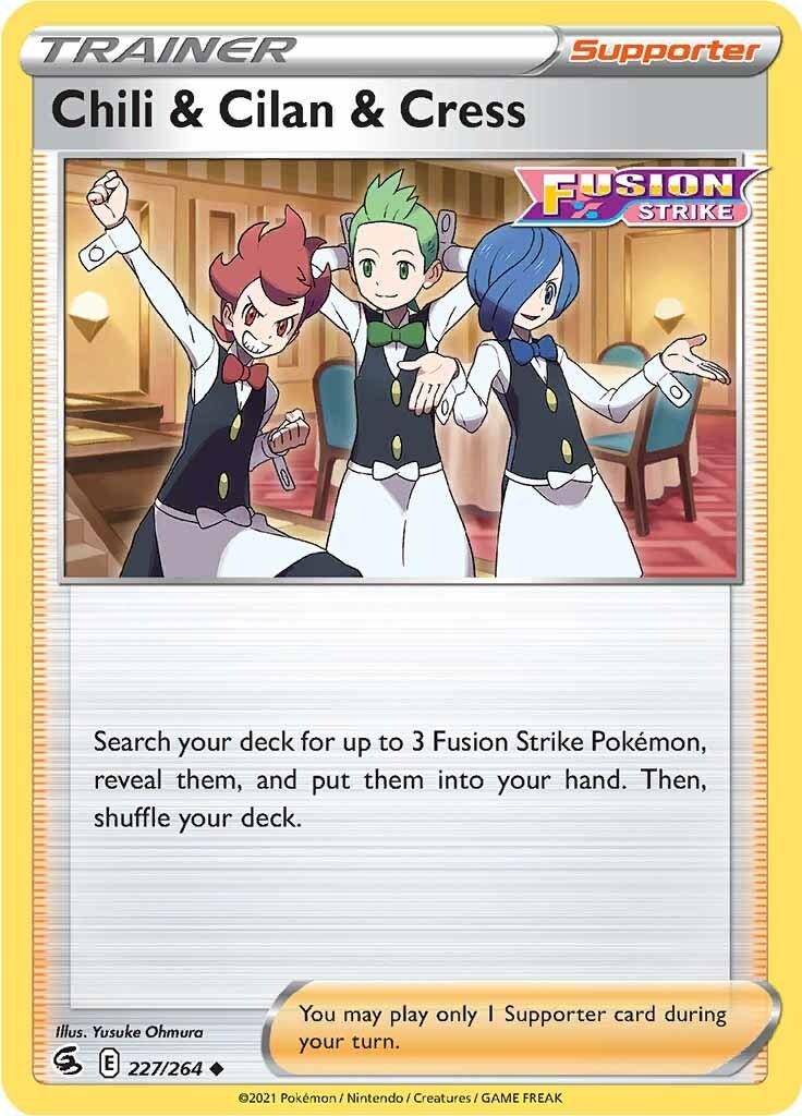 227, Normal, Reverse Holofoil, Supporter, Sword & Shield: Fusion Strike, Uncommon Chili & Cilan & Cress (227/264) [Sword & Shield: Fusion Strike] - Trading Card World