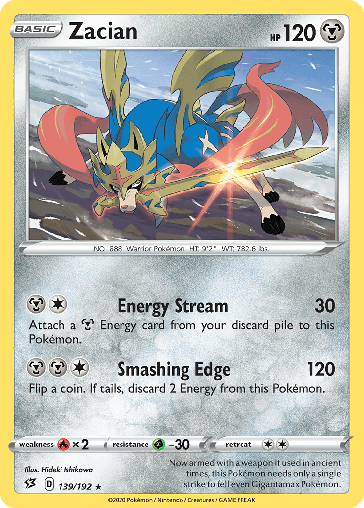 139, Fire[×2], Grass[-30], Metal, Normal, Rare, Reverse Holofoil, Sword & Shield: Rebel Clash Zacian (139/192) [Sword & Shield: Rebel Clash] - Trading Card World