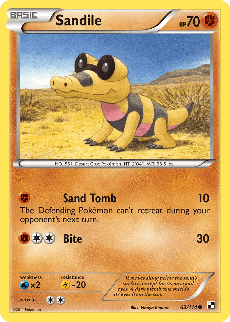 63, Black & White: Base Set, Common, Fighting, Lightning[-20], Normal, Reverse Holofoil, Water[×2] Sandile (63/114) [Black & White: Base Set] - Trading Card World