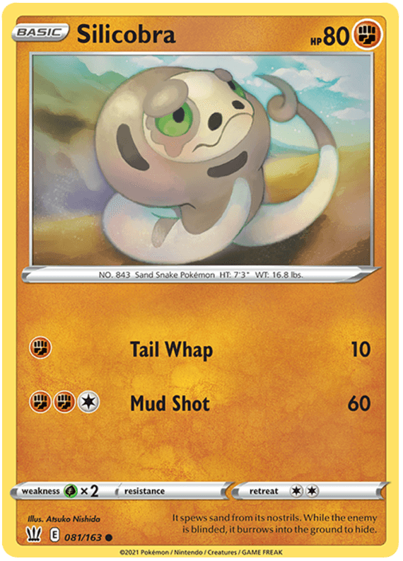 081, Common, Fighting, Grass[x2], Normal, Reverse Holofoil, Sword & Shield: Battle Styles Silicobra (081/163) [Sword & Shield: Battle Styles] - Trading Card World