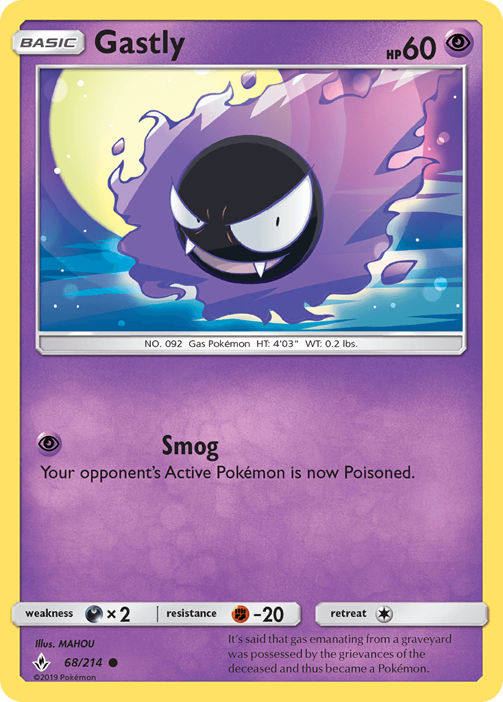 68, Common, Darkness[×2], Fighting[-20], Normal, Psychic, Reverse Holofoil, Sun & Moon: Unbroken Bonds Gastly (68/214) [Sun & Moon: Unbroken Bonds] - Trading Card World