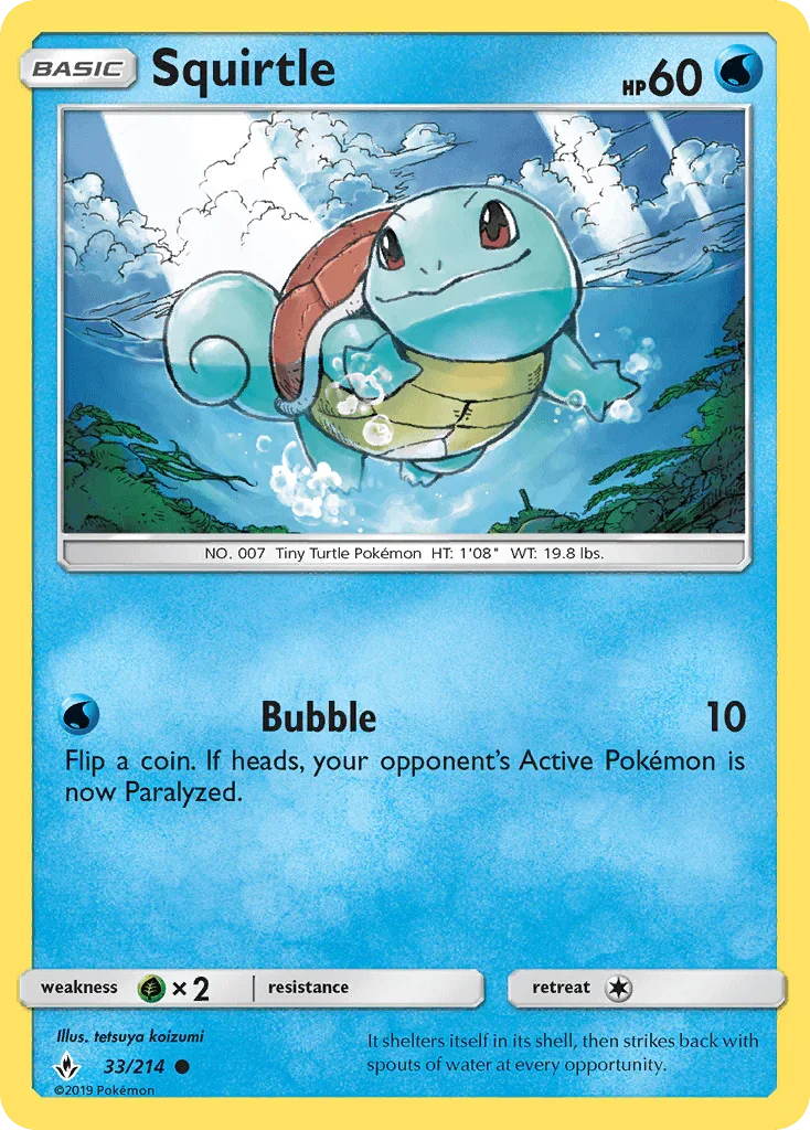 33, Common, Grass[×2], Normal, Reverse Holofoil, Sun & Moon: Unbroken Bonds, Water Squirtle (33/214) [Sun & Moon: Unbroken Bonds] - Trading Card World