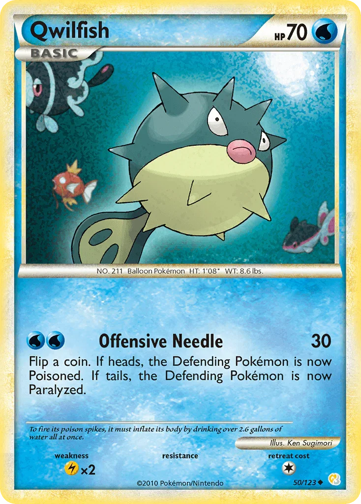 50, HeartGold & SoulSilver: Base Set, Lightning[×2], Normal, Reverse Holofoil, Uncommon, Water Qwilfish (50/123) [HeartGold & SoulSilver: Base Set] - Trading Card World
