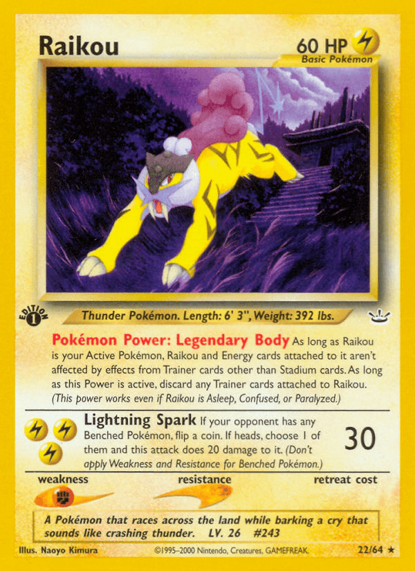 1st Edition Normal, 22, Fighting[×2], Lightning, Neo Revelation 1st Edition, Rare Raikou (22/64) [Neo Revelation 1st Edition] - Trading Card World