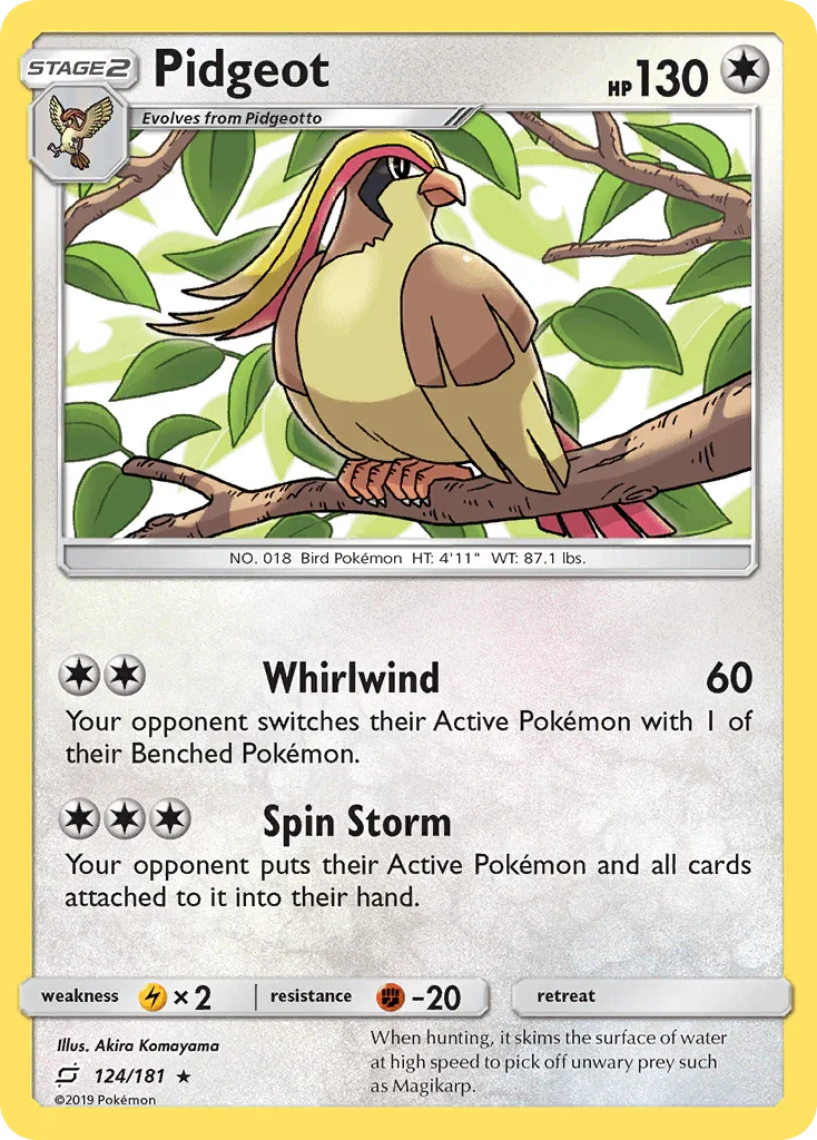 124, Colorless, Fighting[-20], Lightning[×2], Normal, Rare, Reverse Holofoil, Sun & Moon: Team Up Pidgeot (124/181) [Sun & Moon: Team Up] - Trading Card World