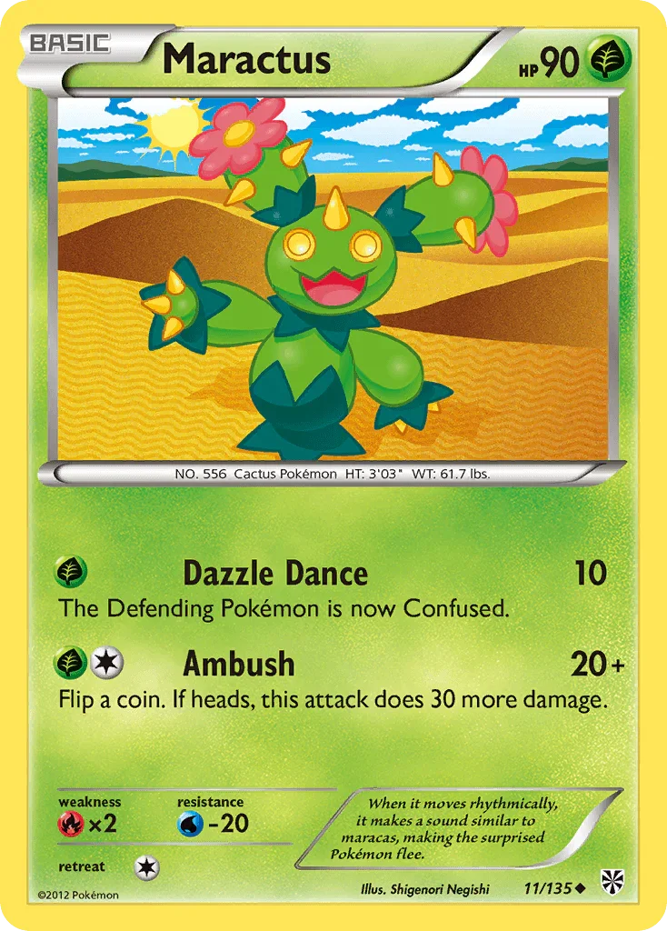 11, Black & White: Plasma Storm, Fire[×2], Grass, Normal, Reverse Holofoil, Uncommon, Water[-20] Maractus (11/135) [Black & White: Plasma Storm] - Trading Card World